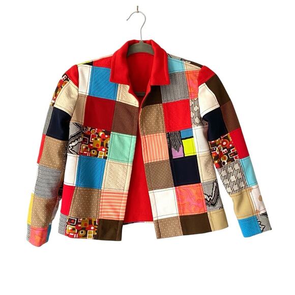 Vintage 70s Handmade Groovy Polyester Patchwork Blazer Jacket Petite XS size 0 - Picture 1 of 10